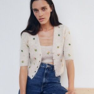 Zara Embroidered Beaded Cardigan Sweater S